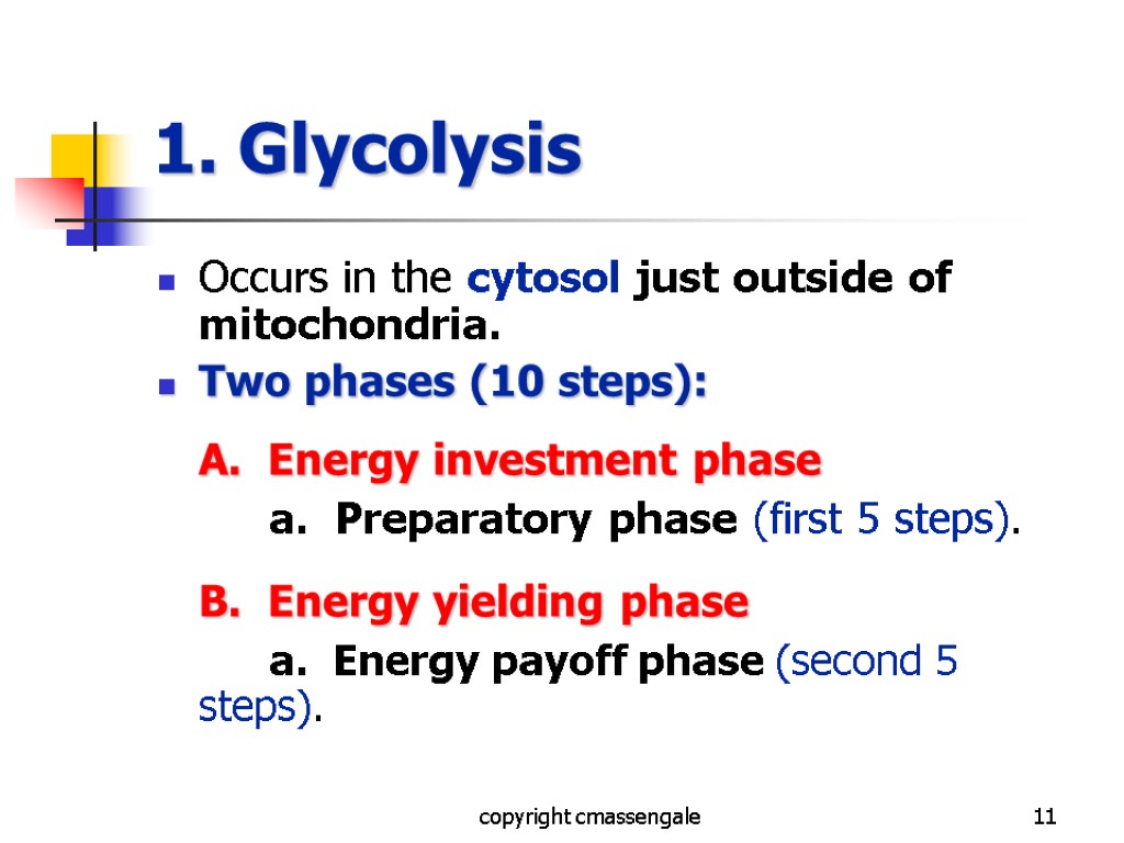 11 1. Glycolysis Occurs in the cytosol just outside of mitochondria. Two phases (10